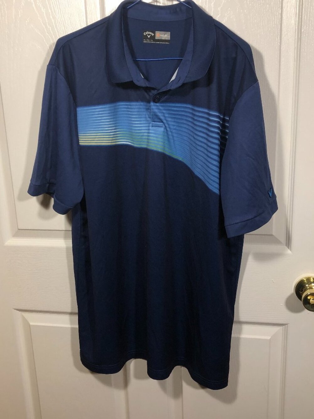 Callaway men golf blue polo, 3-button collar, short sleeves, Opti-dri, size XL,